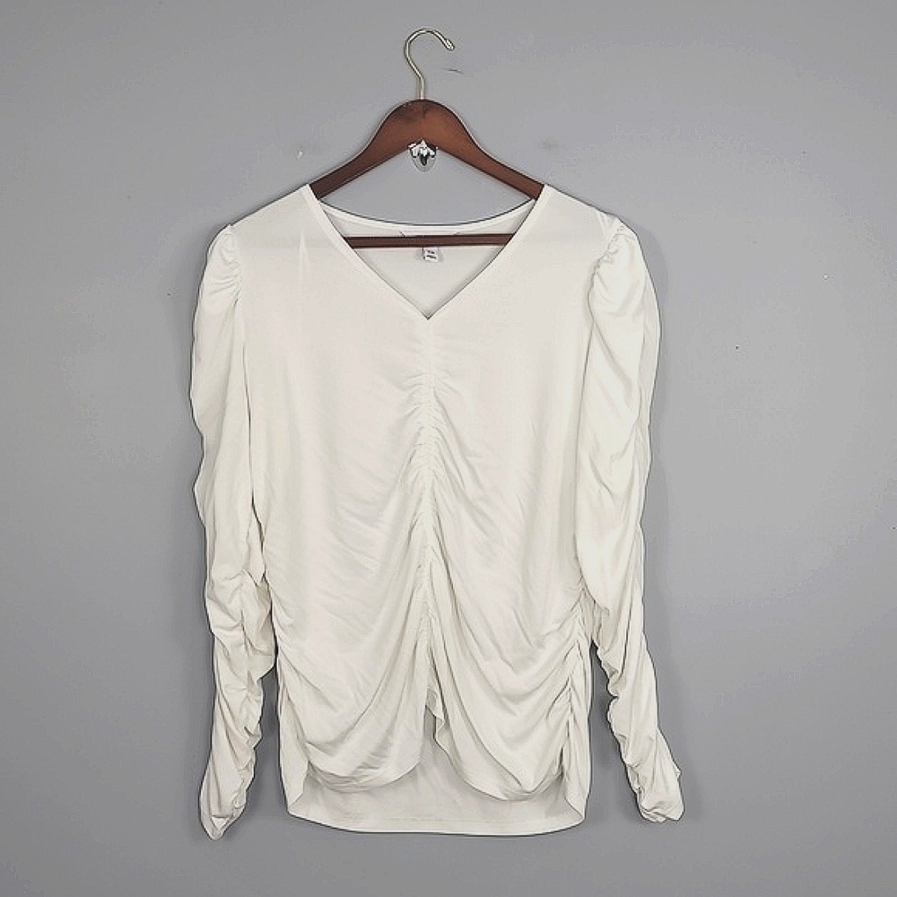Nine West White Lomg Sleeve Ruched V-Neck Modal Blend Top